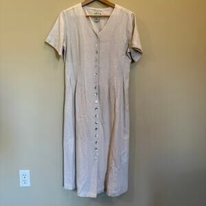 Orvis Linen Rayon Blend Short Sleeve Button Front Midi Dress Beige Size 8P